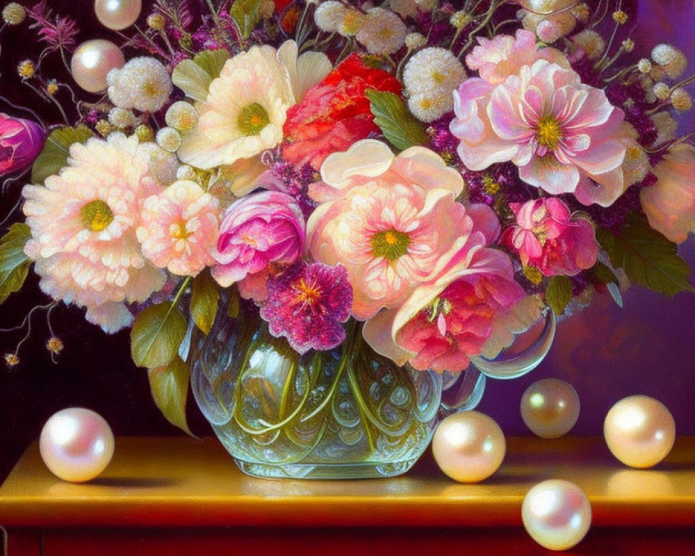 Colorful Flowers in Glass Vase with Pearls on Reflective Surface