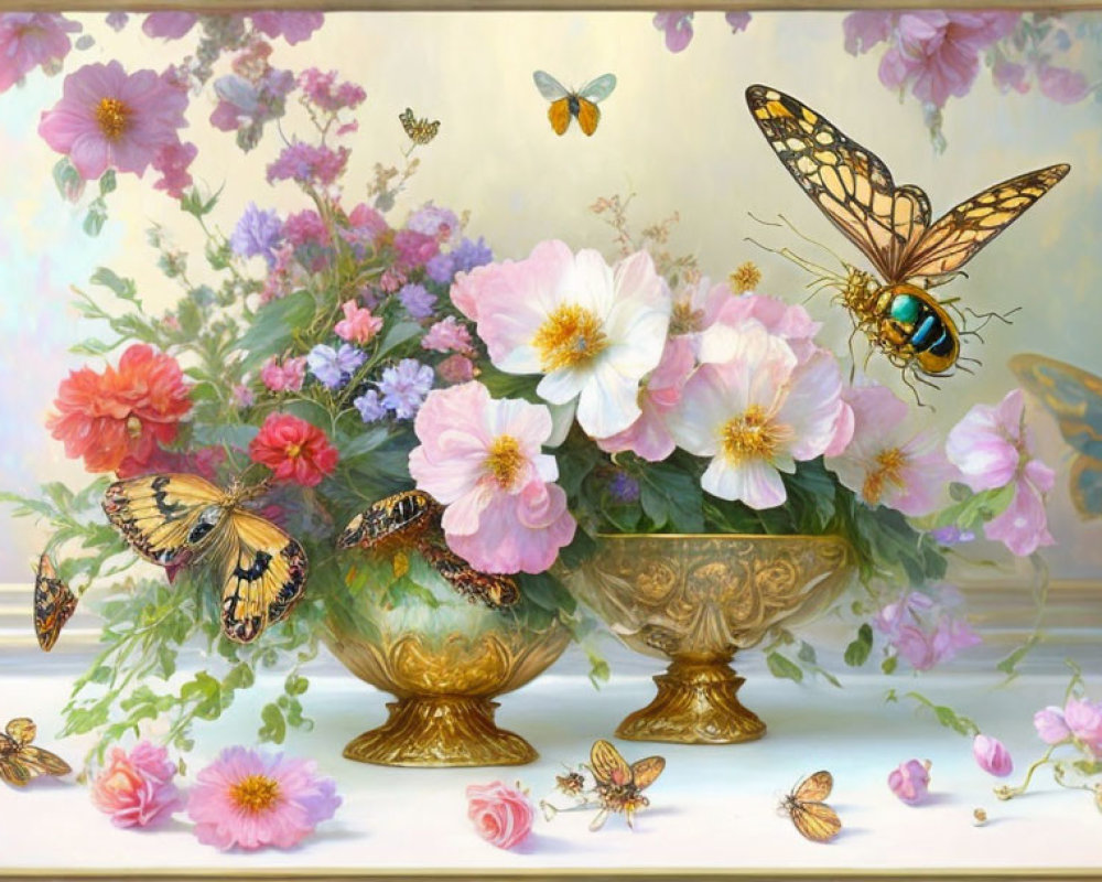 Pink and White Flower Bouquet in Ornate Golden Vases with Butterflies and Bumblebee