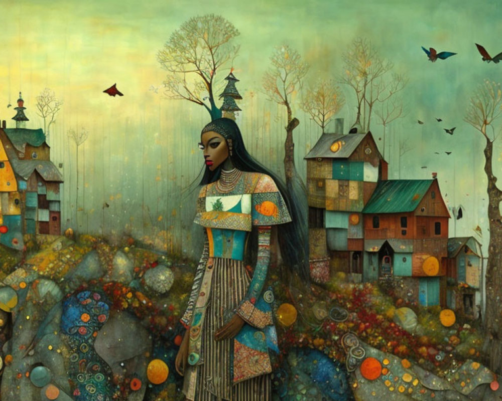 Surreal forest illustration with woman in elaborate attire and whimsical houses