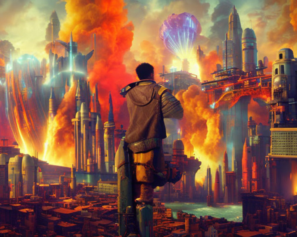 Dramatic futuristic cityscape with towering buildings engulfed in flames