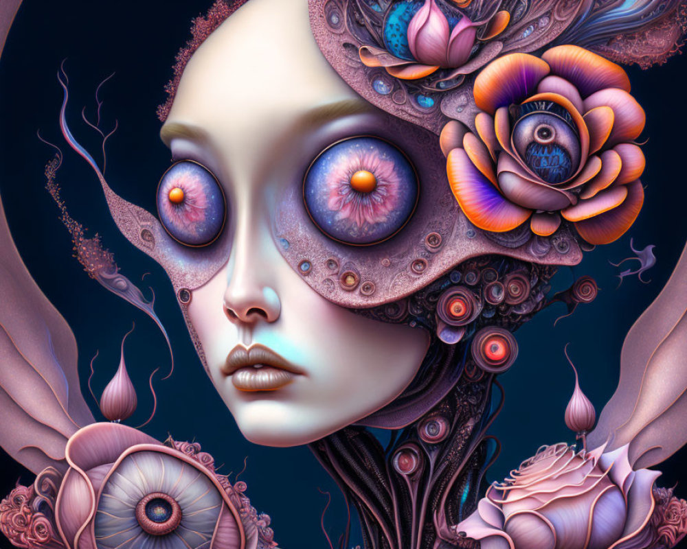 Surreal portrait of female figure with large, hypnotic eyes and floral designs