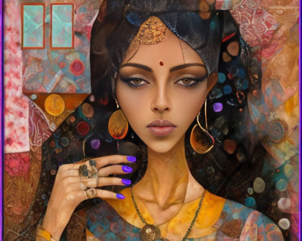 Digital artwork: Woman with ethnic jewelry on colorful backdrop