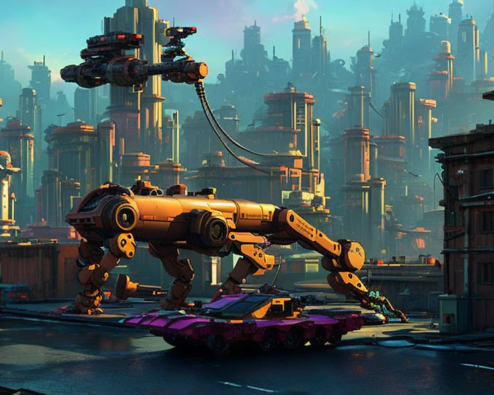 Advanced robotics in futuristic cityscape with large quadrupedal robot.