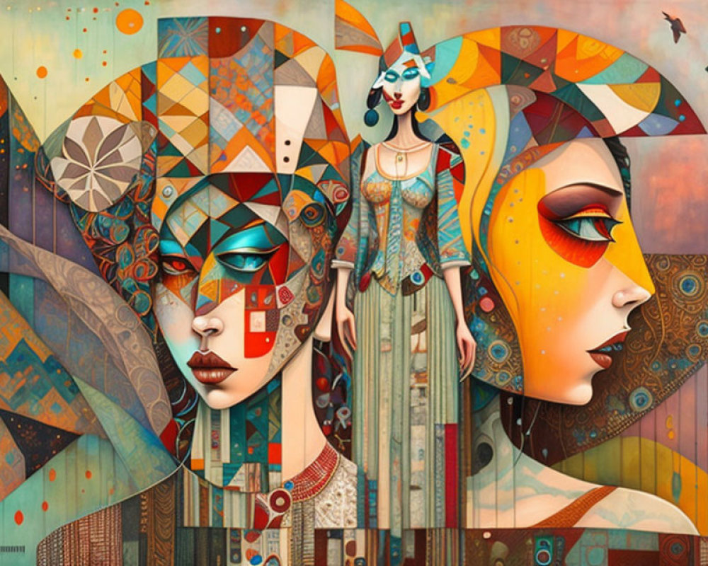 Vibrant cubist-style artwork with three stylized female figures