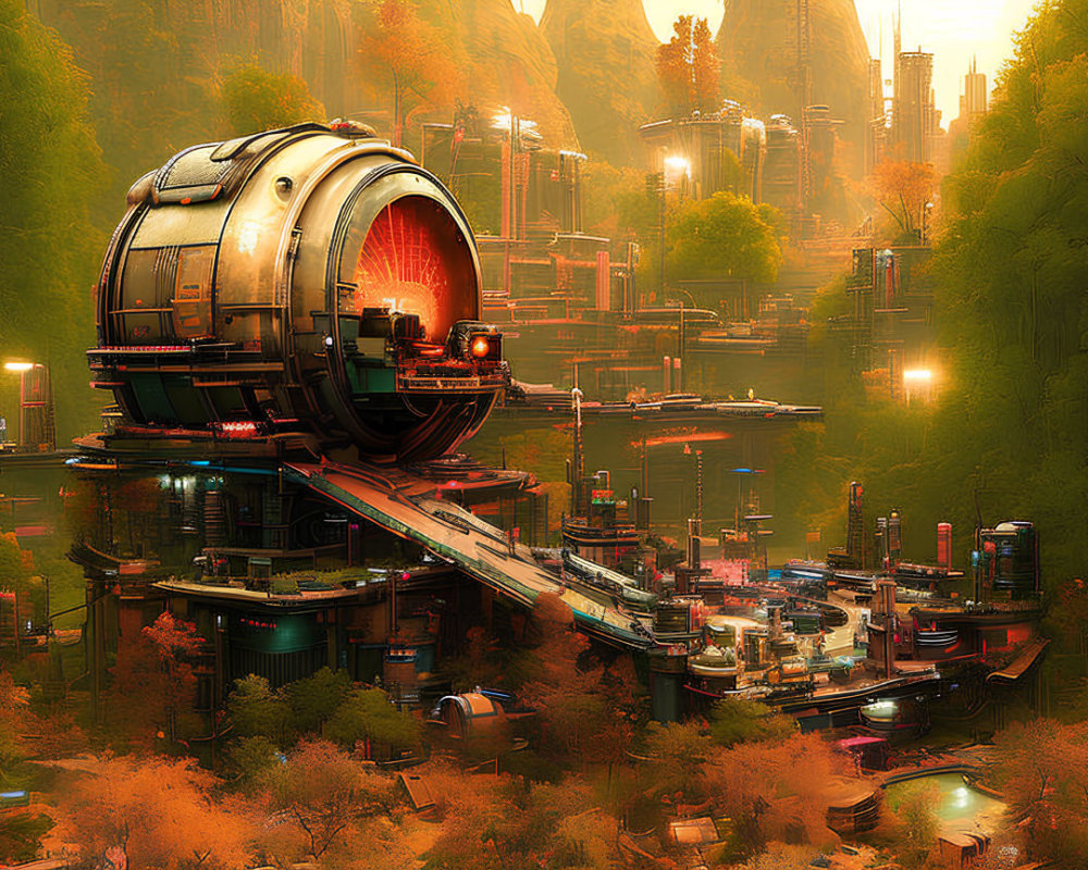 Advanced Architecture in Futuristic City Surrounded by Orange Forest