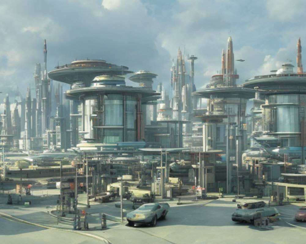 Futuristic cityscape with flying vehicles and skyscrapers