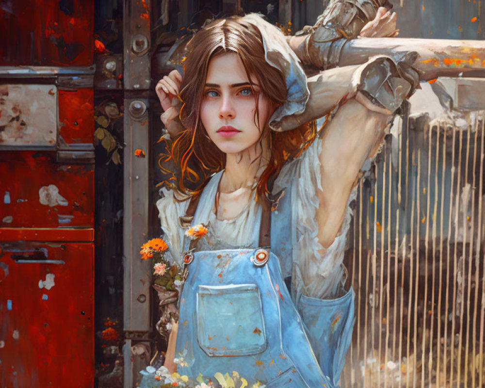 Young woman with blue eyes and wildflower bouquet in denim overall.