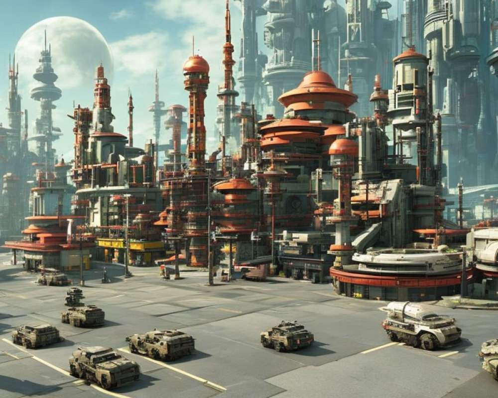 Futuristic cityscape with towering structures and armored vehicles under a vast sky