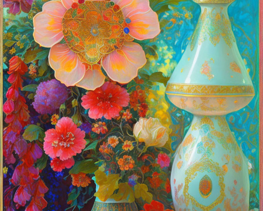 Colorful painting of ornate vase and flowers on textured blue background