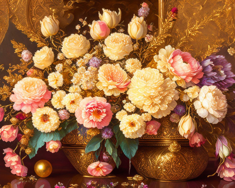 Colorful Floral Bouquet Painting in Golden Vase on Dark Background