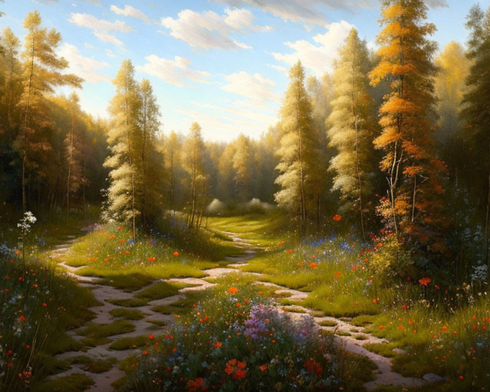 Sunlit Path Through Blossoming Forest: Tranquil Nature Scene