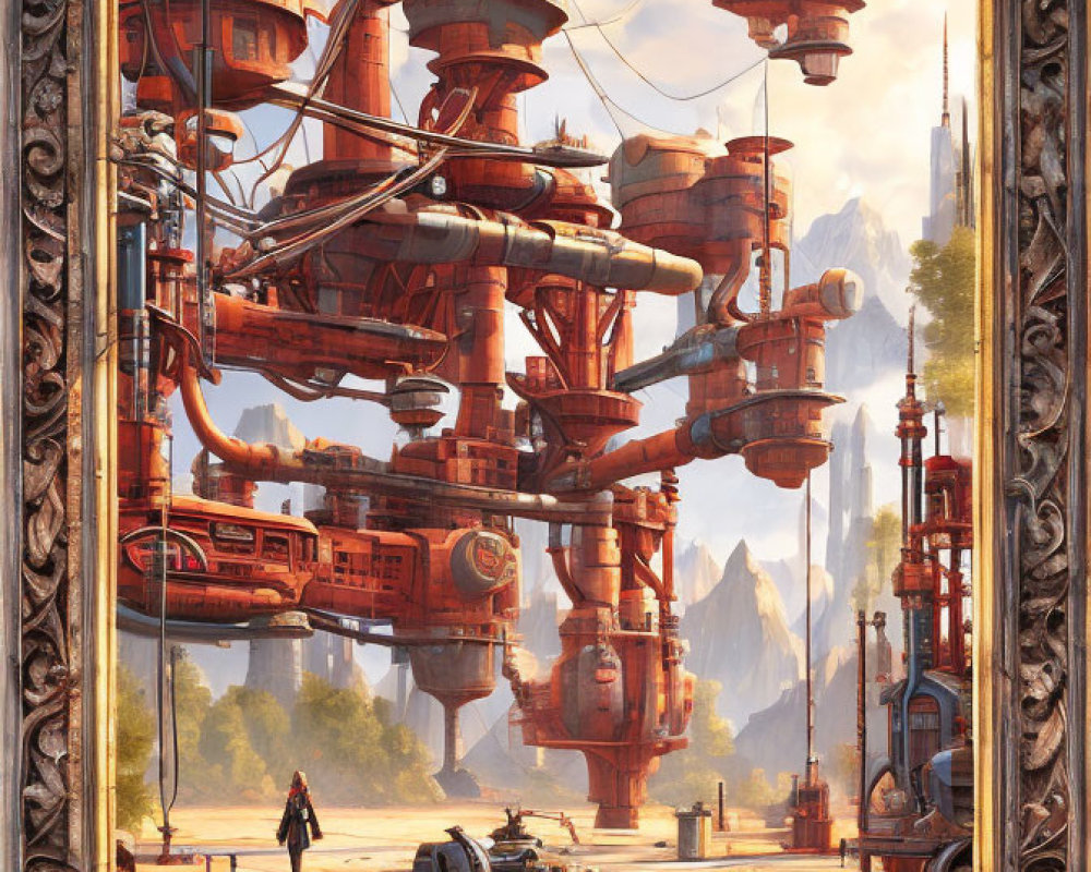 Steampunk artwork featuring intricate pipes, towers, and industrial elements with a lone figure.