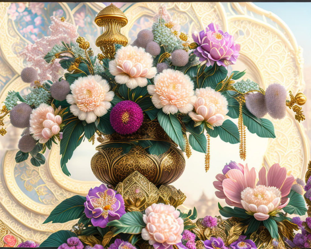 Golden vase with intricate design overflowing with colorful flowers on pastel background