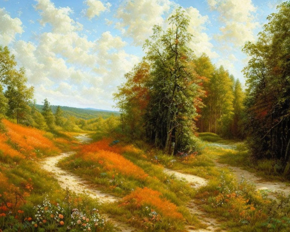 Tranquil rural scene with dirt path, green trees, autumn hues, and blue sky