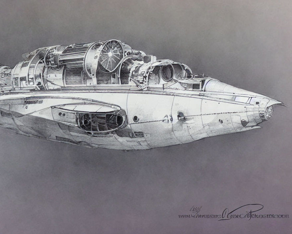 Detailed pencil drawing of futuristic spaceship with intricate mechanical components and sleek hull on grey background.