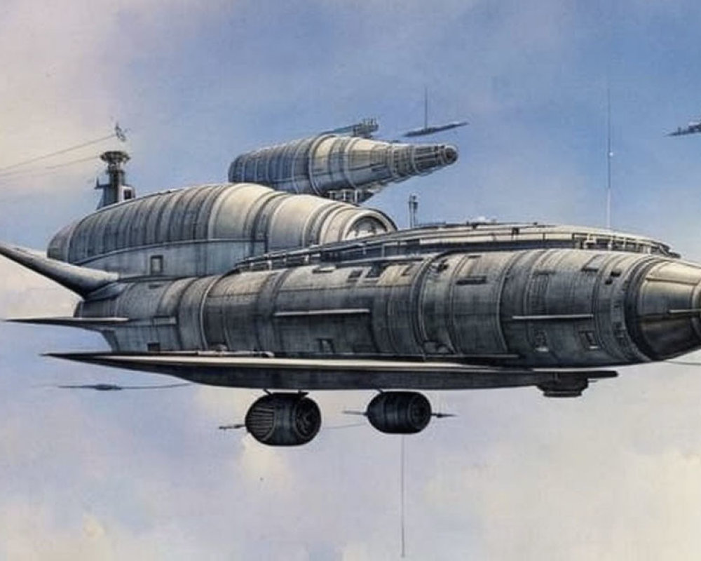 Illustration of vintage-style futuristic airship with cylindrical modules in cloudy sky.