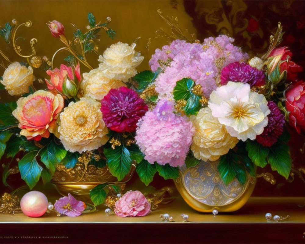 Colorful still-life painting with flowers, pearls, and peach in golden vase