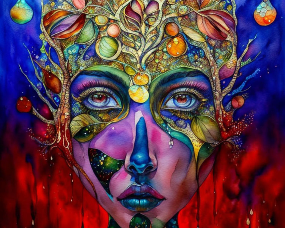 Colorful face painting with leaf crown in blues, reds, and yellows