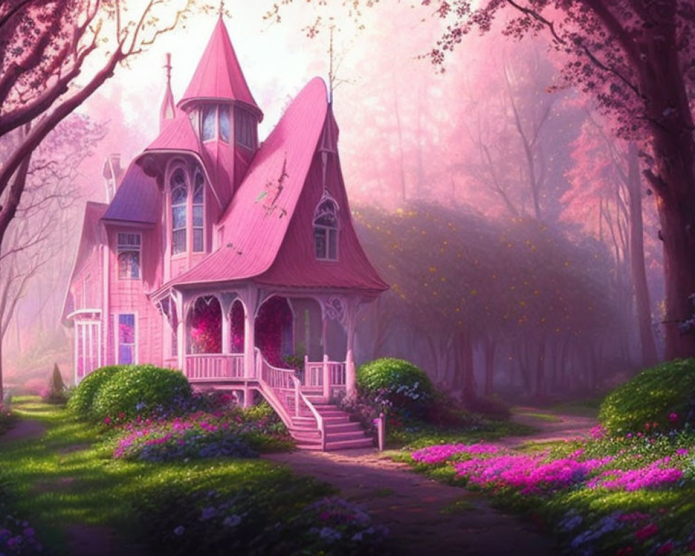 Victorian-style house in pink forest with vibrant flowers