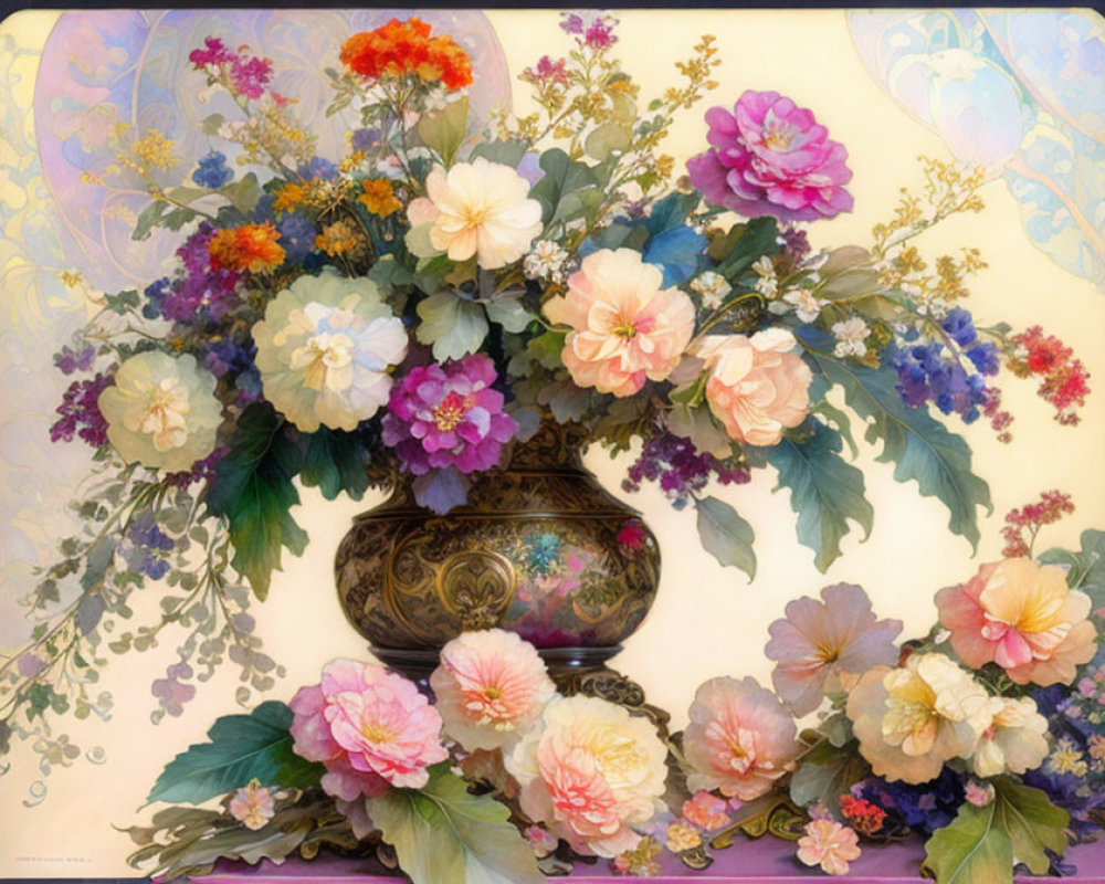 Assorted Flowers Bouquet in Decorated Urn on Pastel Background