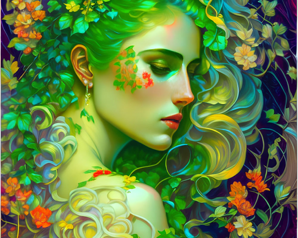 Colorful Digital Artwork: Woman with Green Skin and Floral Adornments