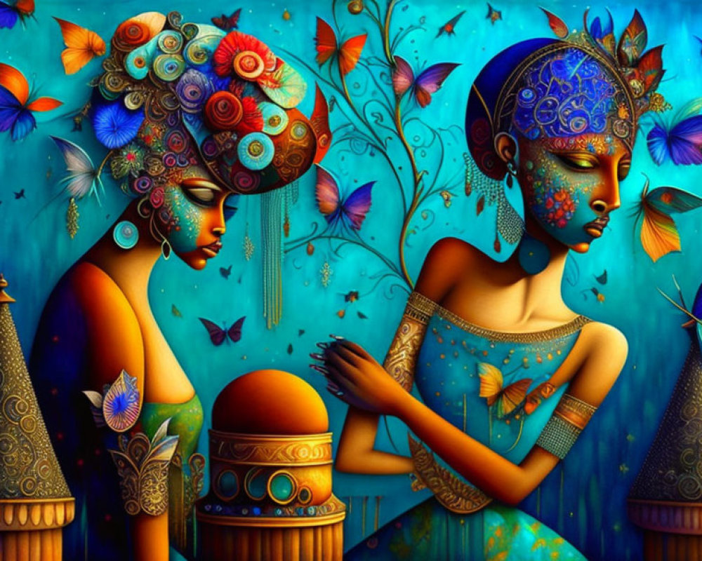 Colorful Artwork Featuring Stylized Women and Butterflies on Blue and Gold Background