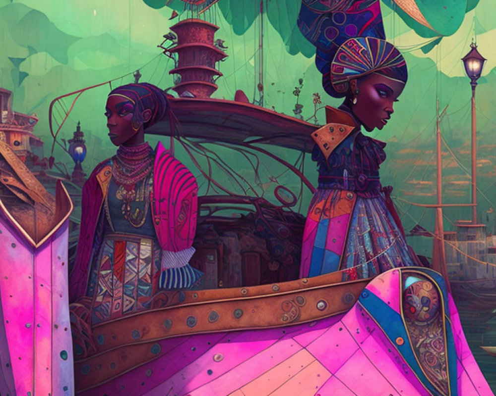 Vibrant futuristic characters in African-inspired attire with ornate vehicle in colorful cityscape