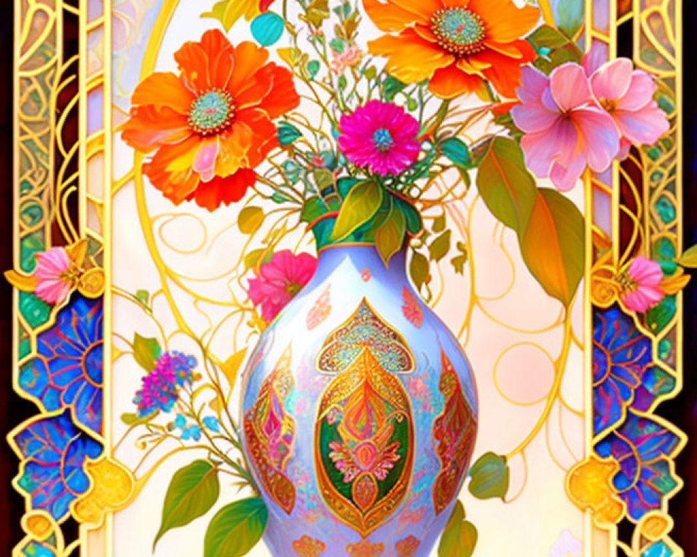 Colorful Art Nouveau-Inspired Flower Bouquet in Ornate Vase