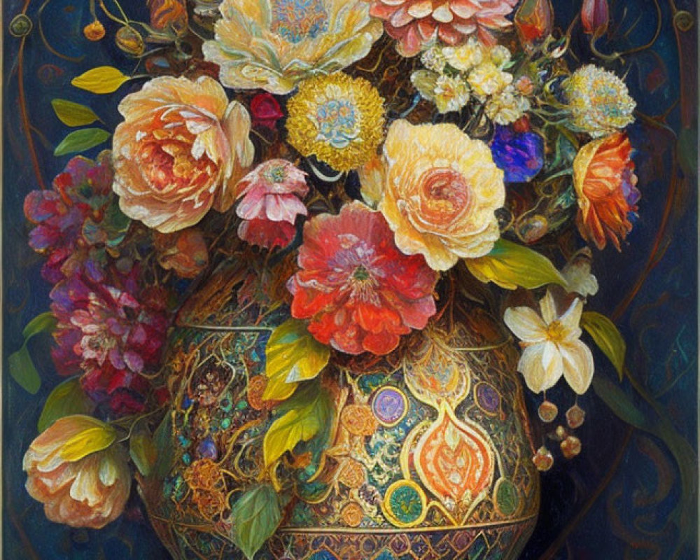 Colorful floral bouquet painting in ornate vase on blue background