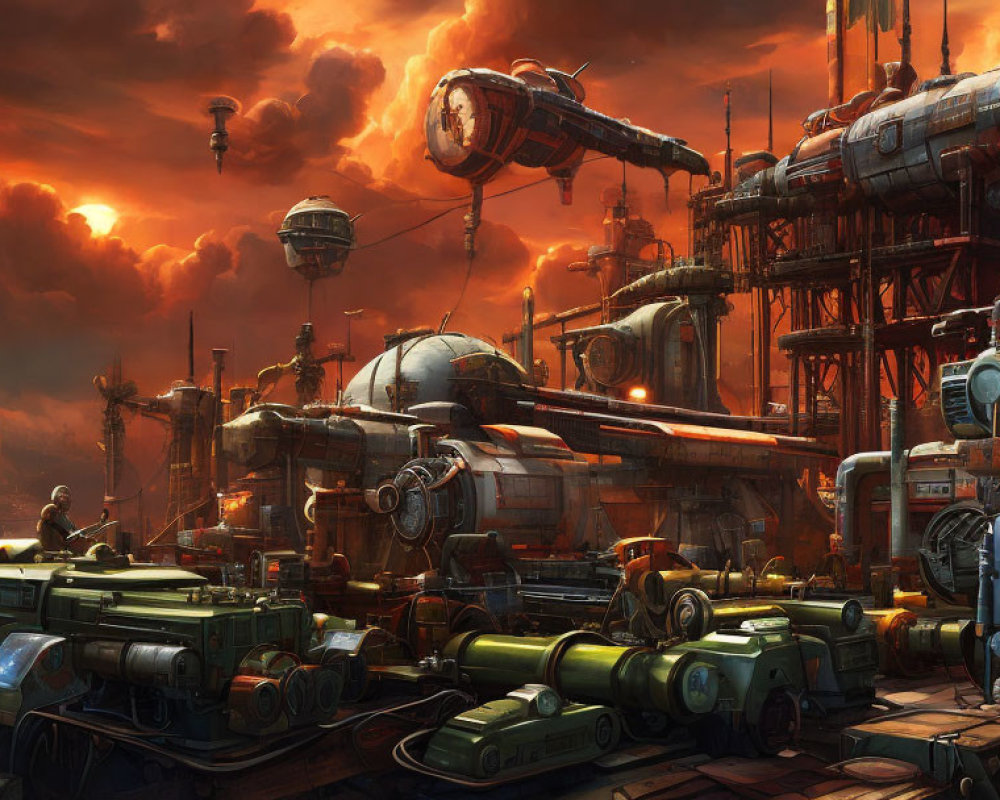 Dystopian industrial landscape with towering structures and futuristic vehicles at sunset