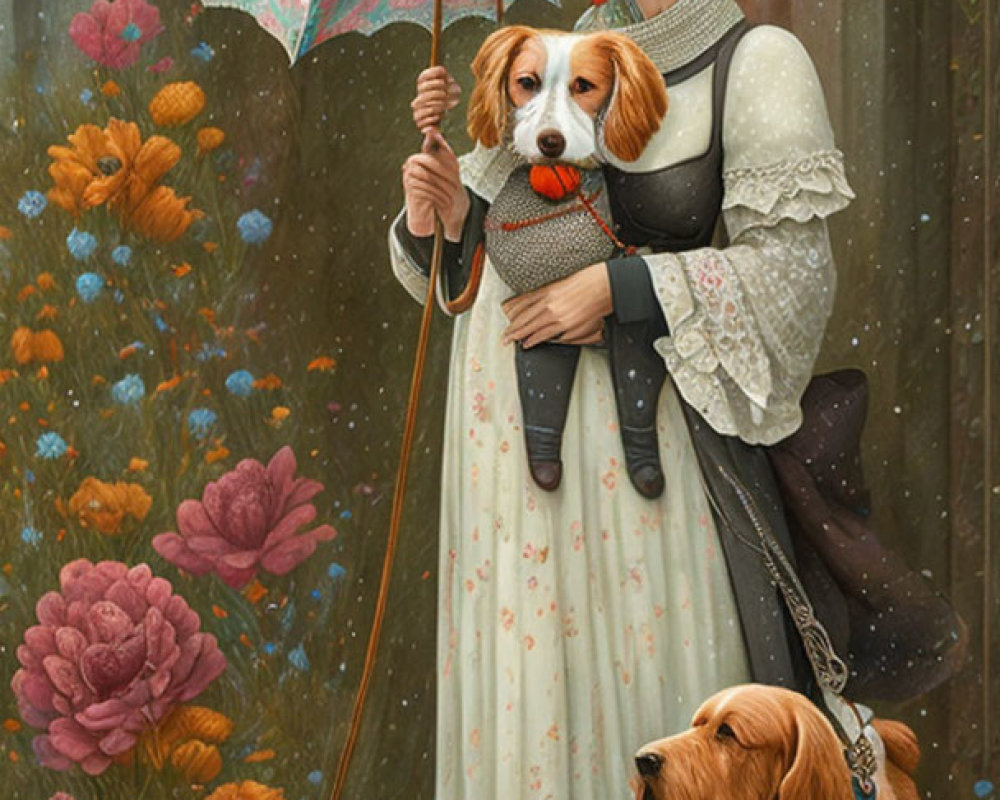 Victorian woman with wide-brimmed hat and dogs in floral setting