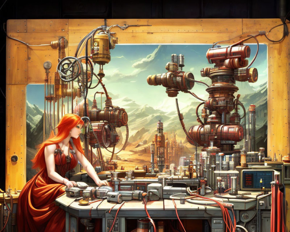 Red-Haired Woman Operating Futuristic Control Panel with Industrial Landscape View