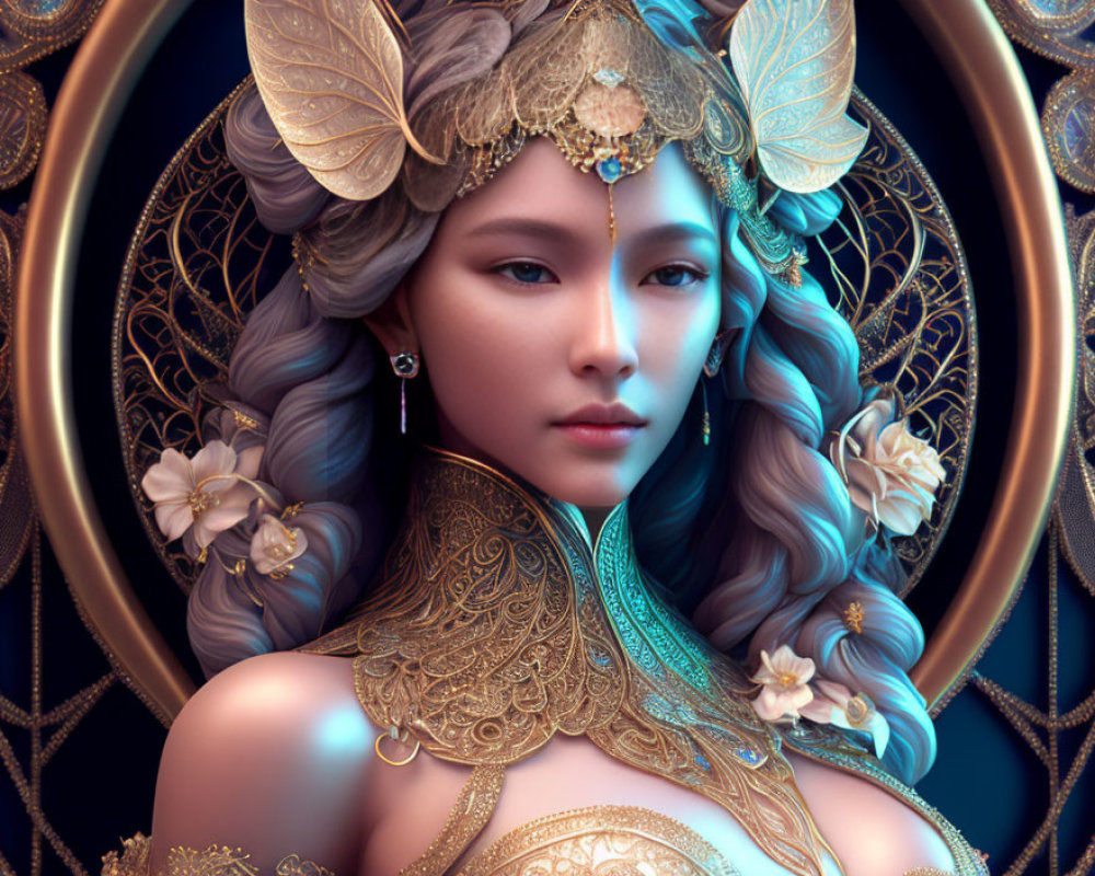 Digital artwork: Woman with gold headpiece & armor, floral & jeweled details on dark background.