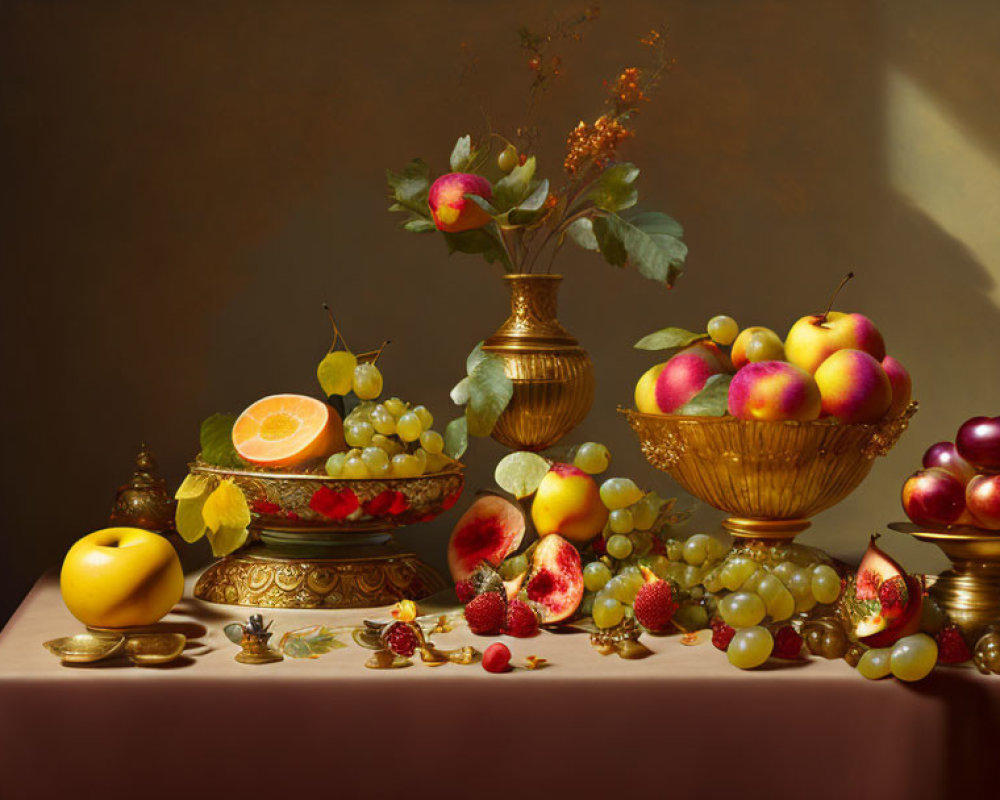 Assorted fruits on golden bowls and plates against dark background