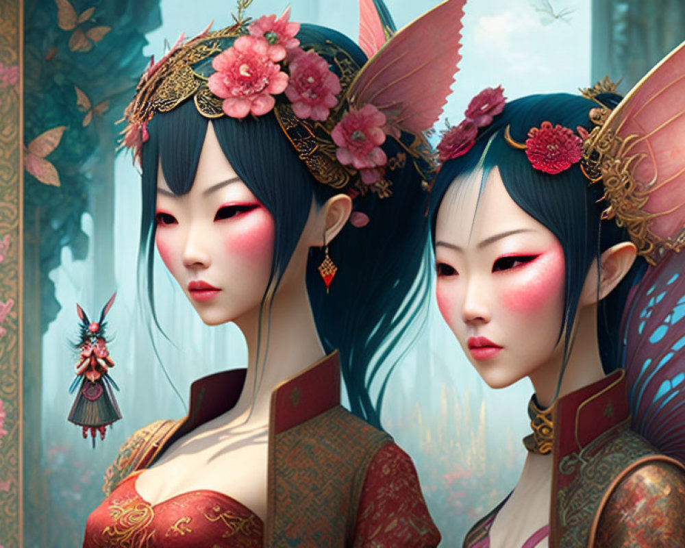 Ethereal fairy-like characters in Asian-inspired attire with delicate wings and floral headpieces