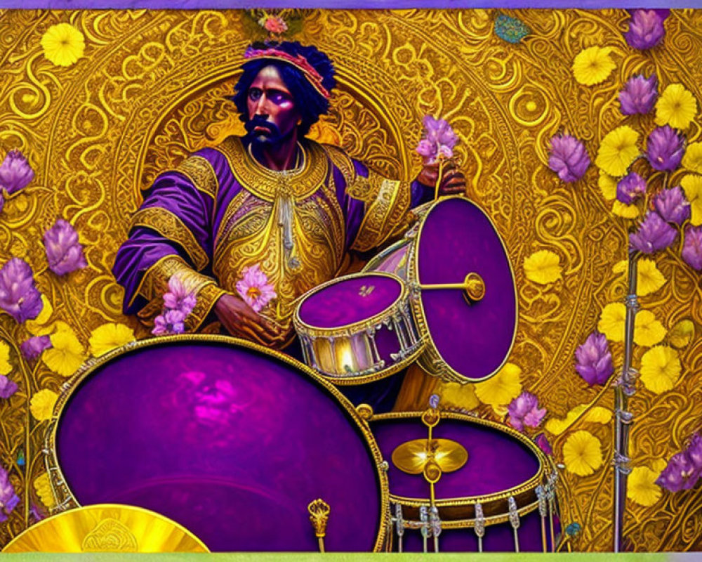 Regal Figure in Purple and Gold Attire Playing Drums on Floral Background