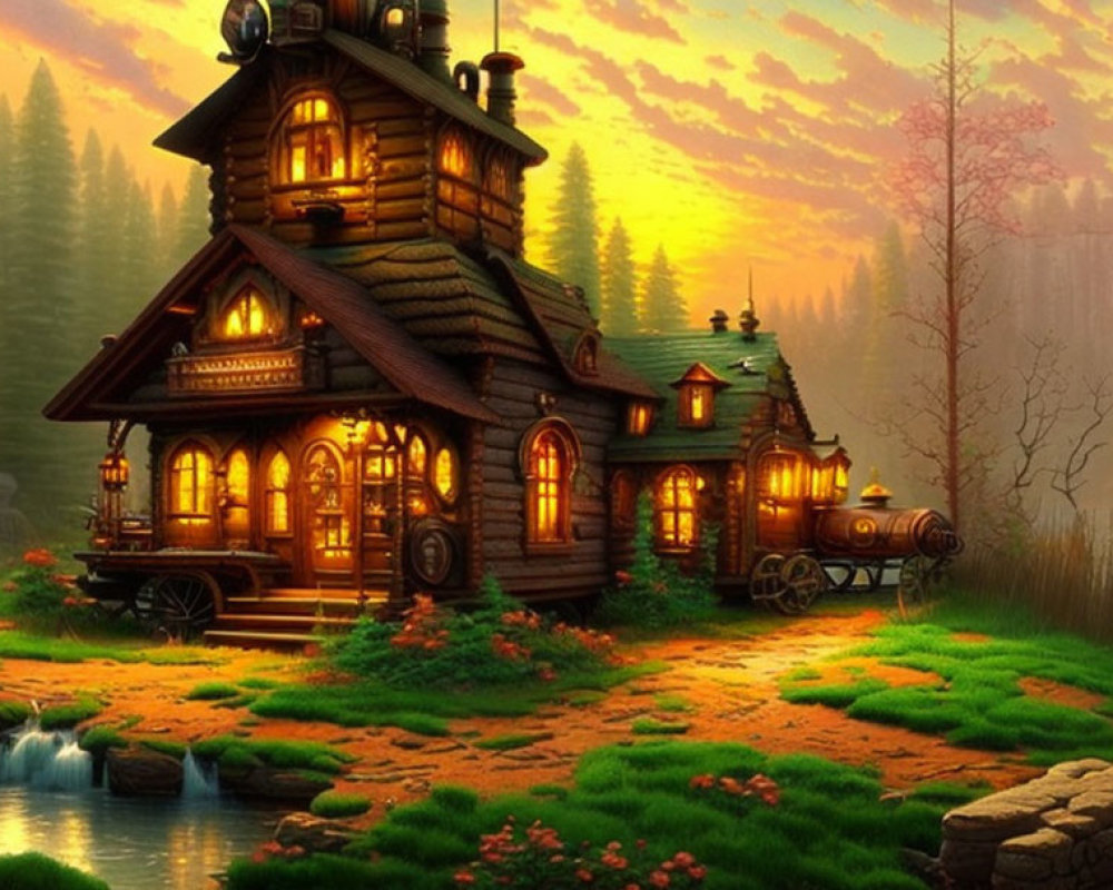 Cozy cottage in serene forest at sunset with lush greenery