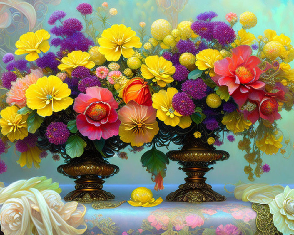 Colorful Floral Arrangement in Bronze Vases on Pastel Background