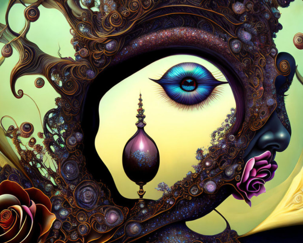 Intricate surreal artwork: woman's silhouette, eye, ornament, rose