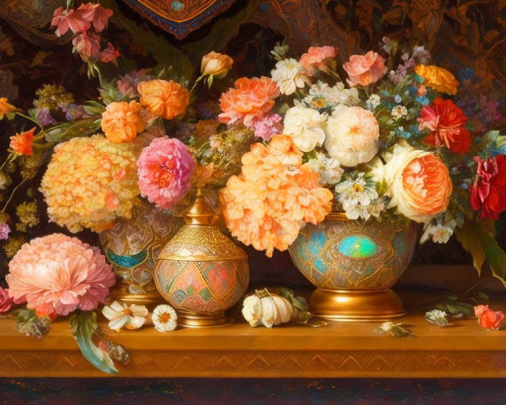 Colorful Still Life Painting of Flowers in Vases