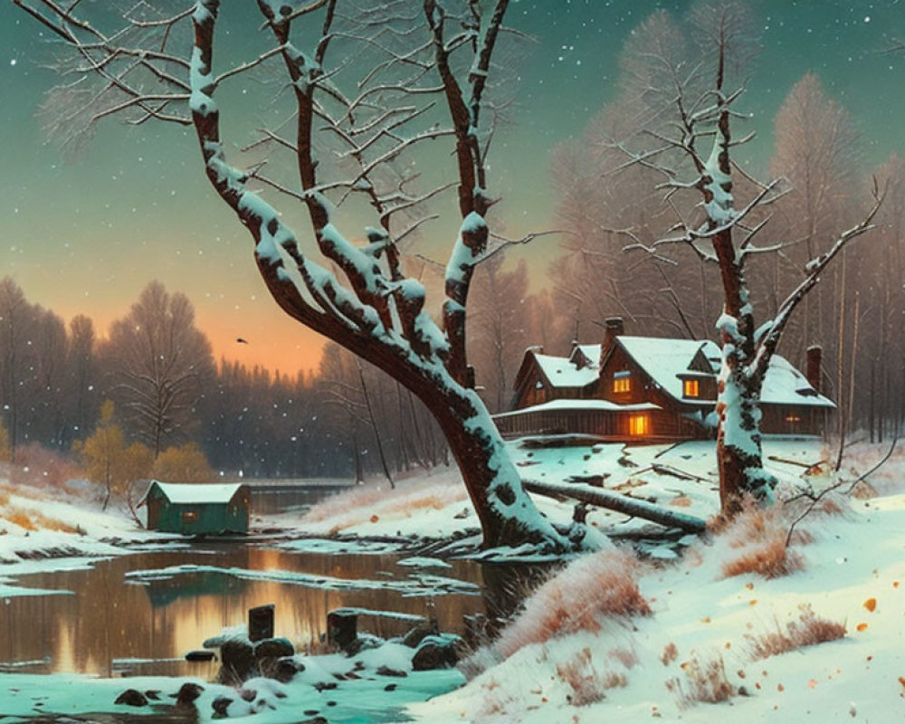 Snow-covered trees, cozy cottage, lake, and snowfall in serene winter scene