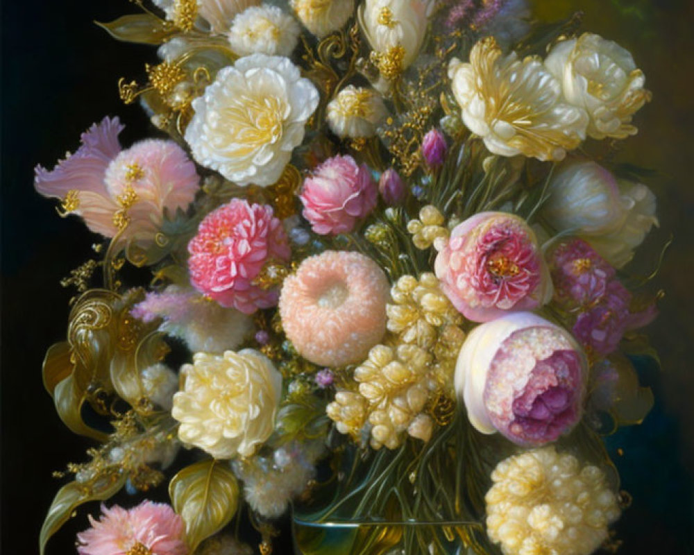 Assorted white, pink, and gold flowers on dark moody background with ornamental details