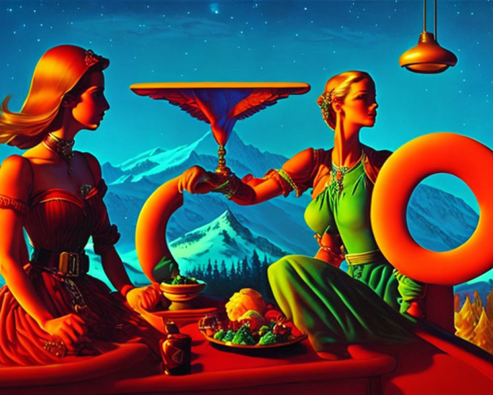 Stylized women in classical attire at table with fruit and mountains in background