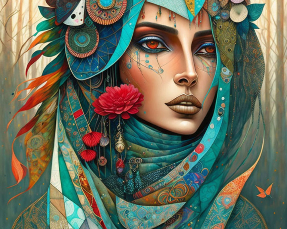 Colorful patterned headscarf and nature motifs adorn serene woman in art