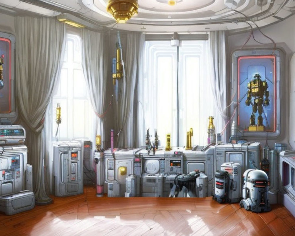 Futuristic room with sleek consoles, robots, circular windows, and suits of armor