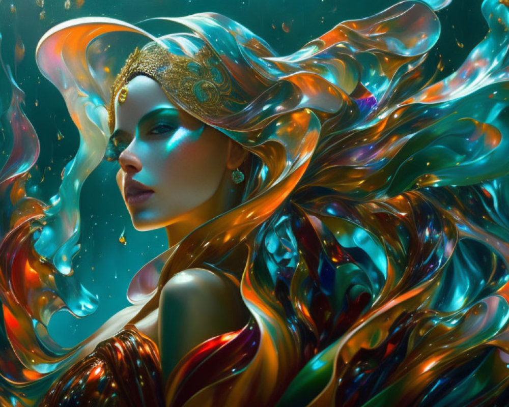 Ethereal woman with flowing hair and golden crown in vibrant swirl