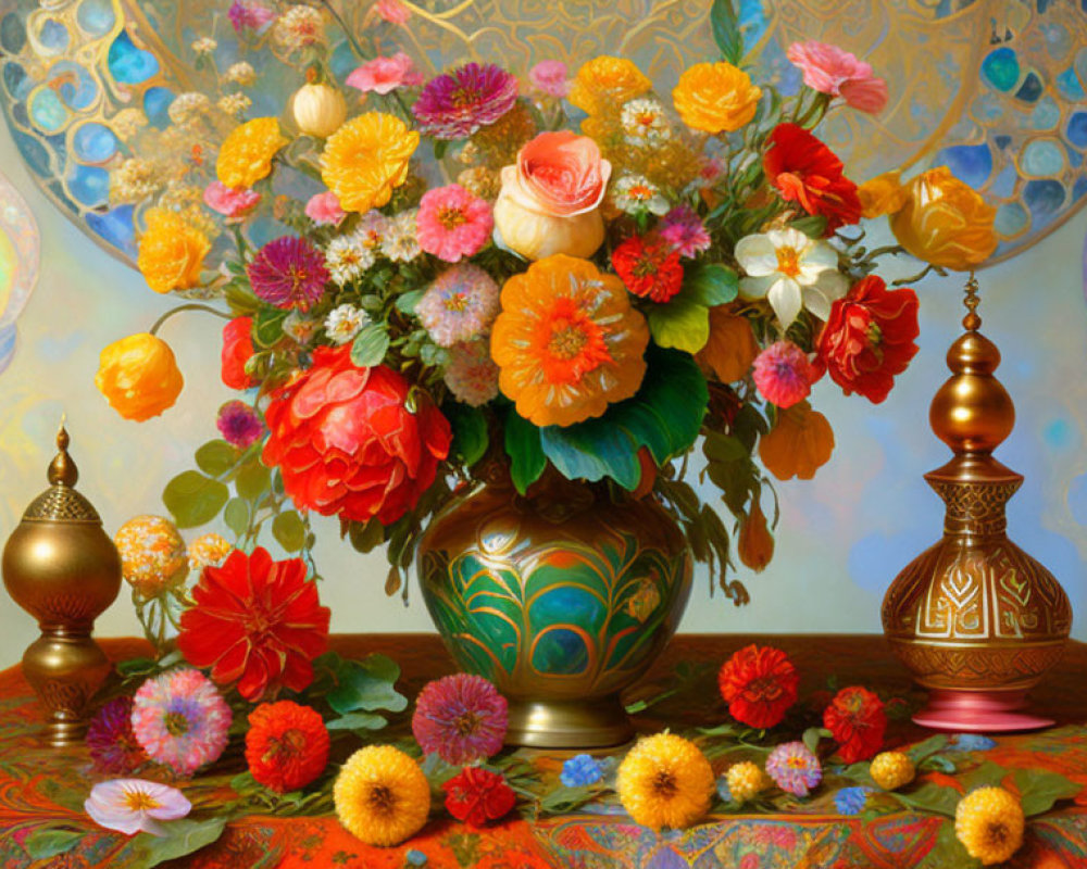 Assorted Flowers Bouquet in Decorative Vase with Golden Vessels