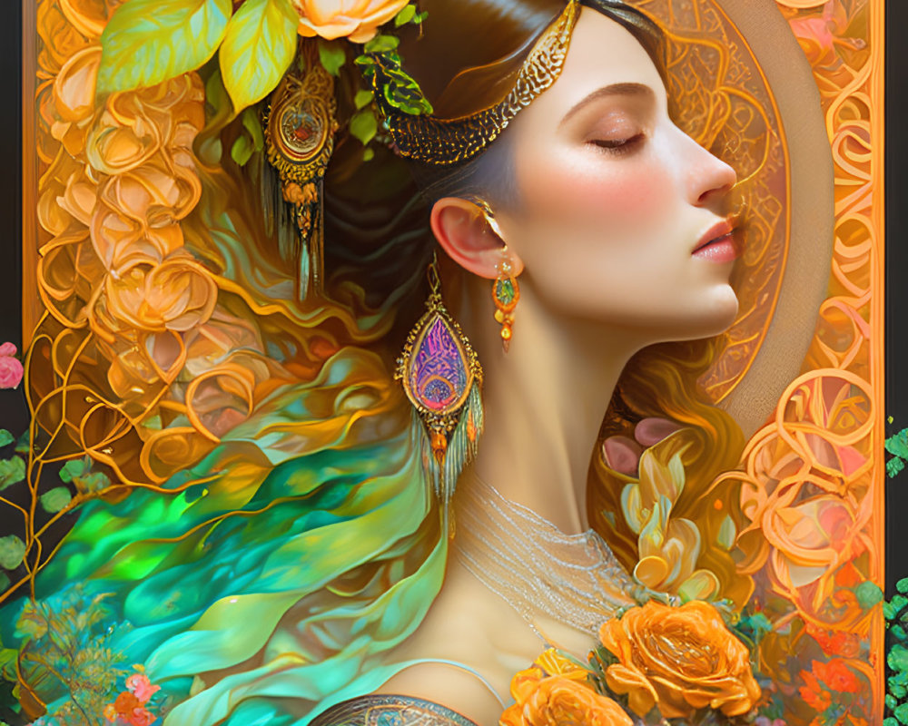 Detailed illustration of woman adorned with ornate jewelry and headdress in vibrant gold, teal, and coral