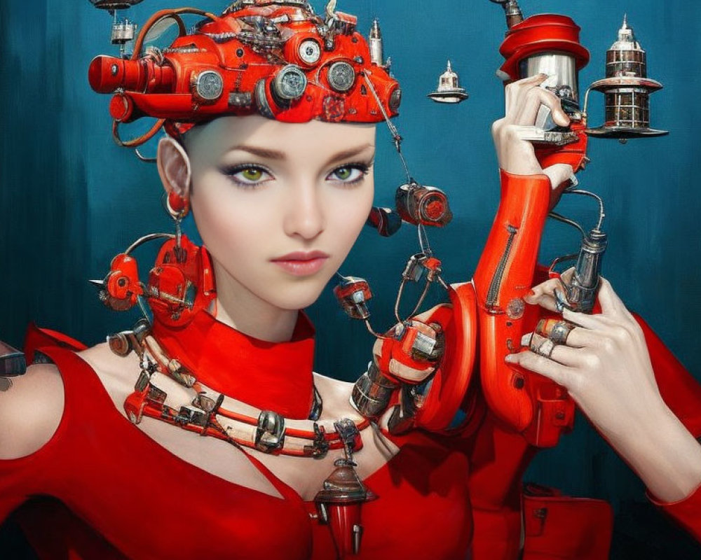 Female Cyberpunk Figure in Red Outfit with Mechanical Headpiece on Blue Background