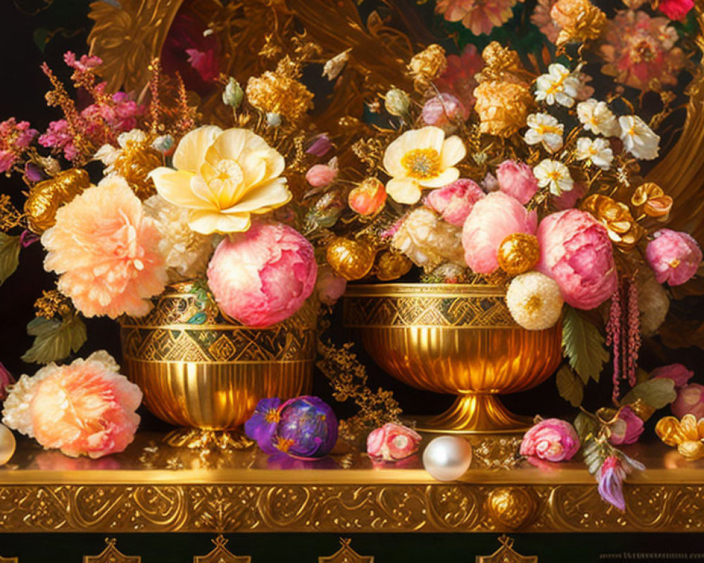 Vibrant multicolored flowers in golden bowls with pearls and gemstones on dark background